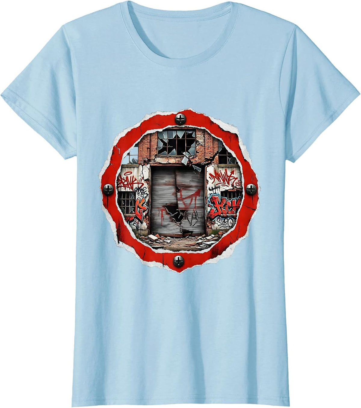Women's Grunge Graffiti Abandoned Warehouse Night Art T-Shirt - Baby Blue