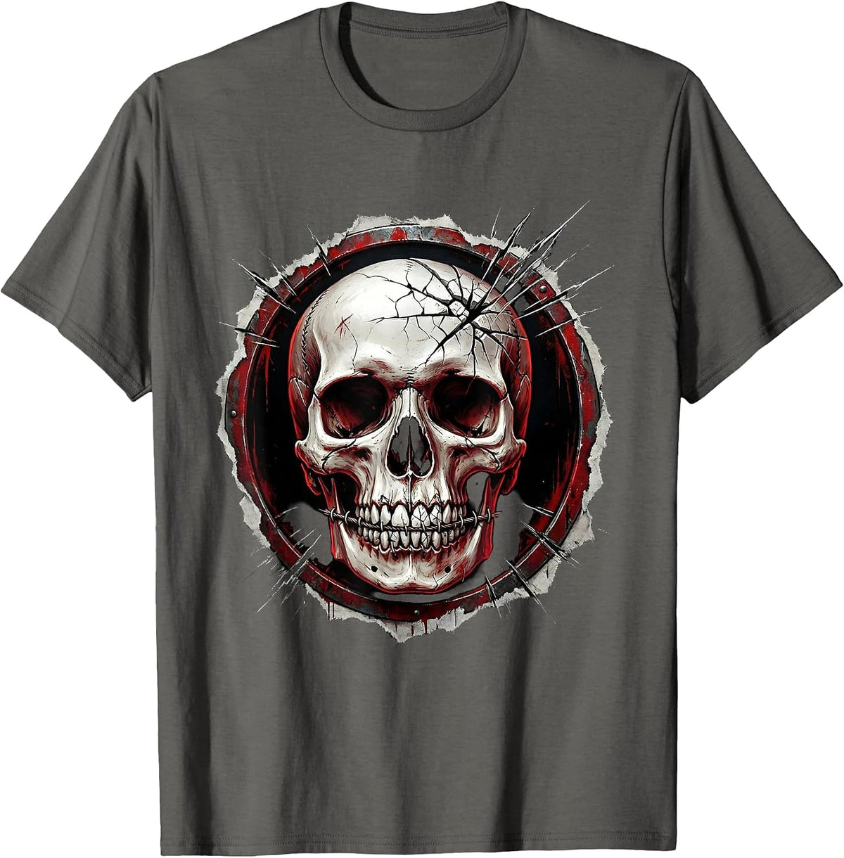 Skull Stitched Grin Cracked Teeth Dark Art Design T-Shirt - Asphalt Grey