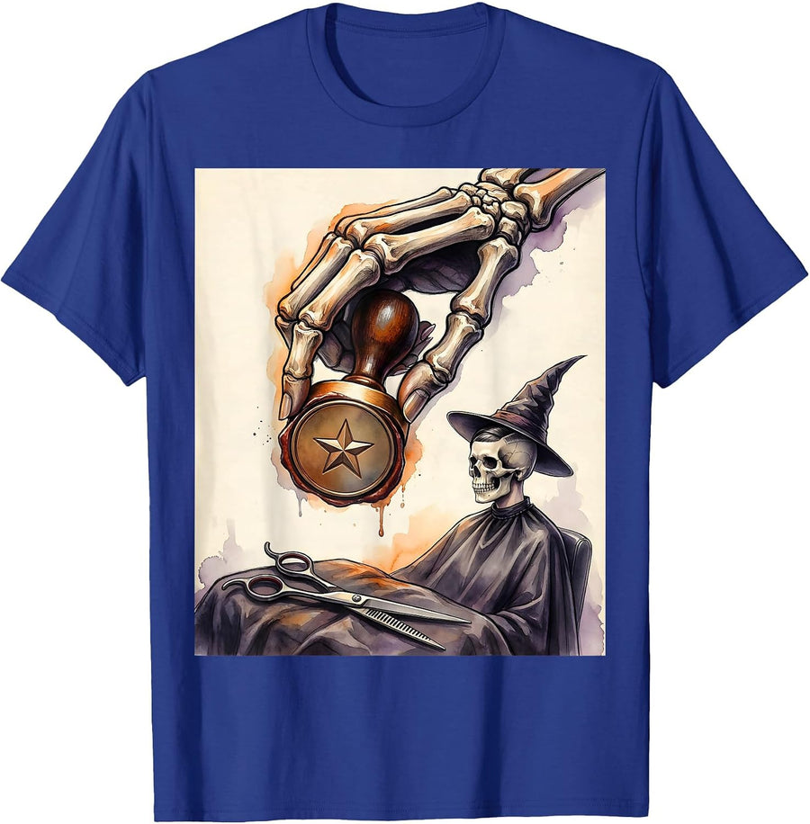 Skeleton Hairstylist Halloween Humor Hairdresser Barber T-Shirt - Royal Blue