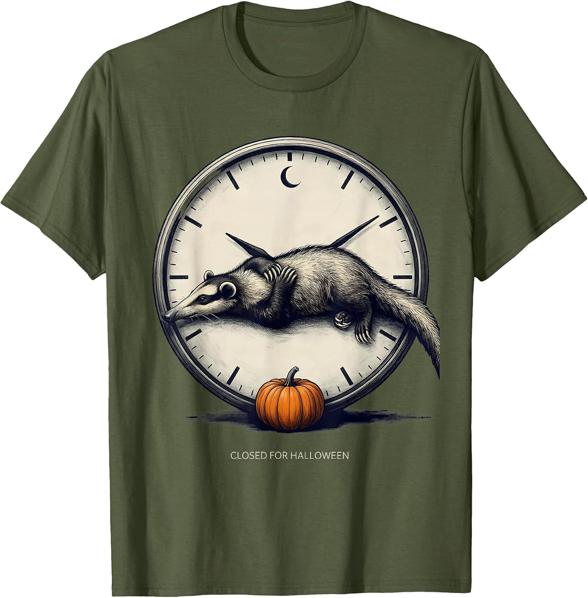 Closed For Halloween Whimsical Spooky Opossum Halloween T-Shirt - Olive Green