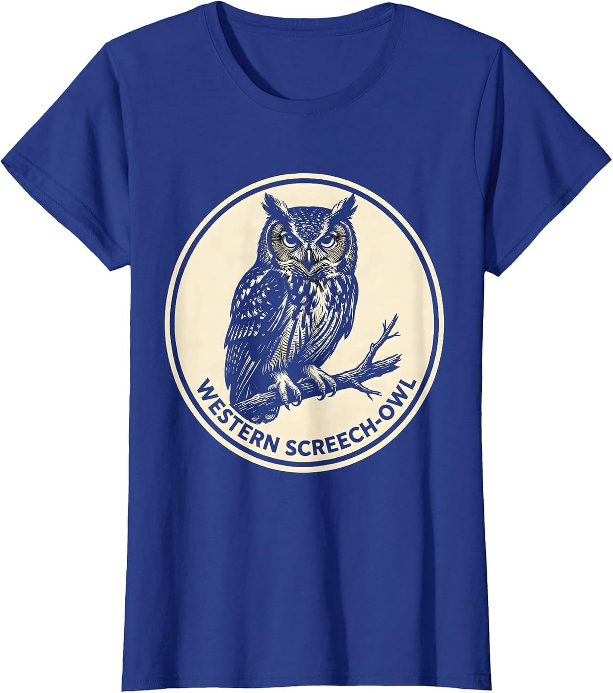 Women's Western Screech-Owl Scratchboard Owl Lover Birdwatcher T-Shirt - Royal Blue
