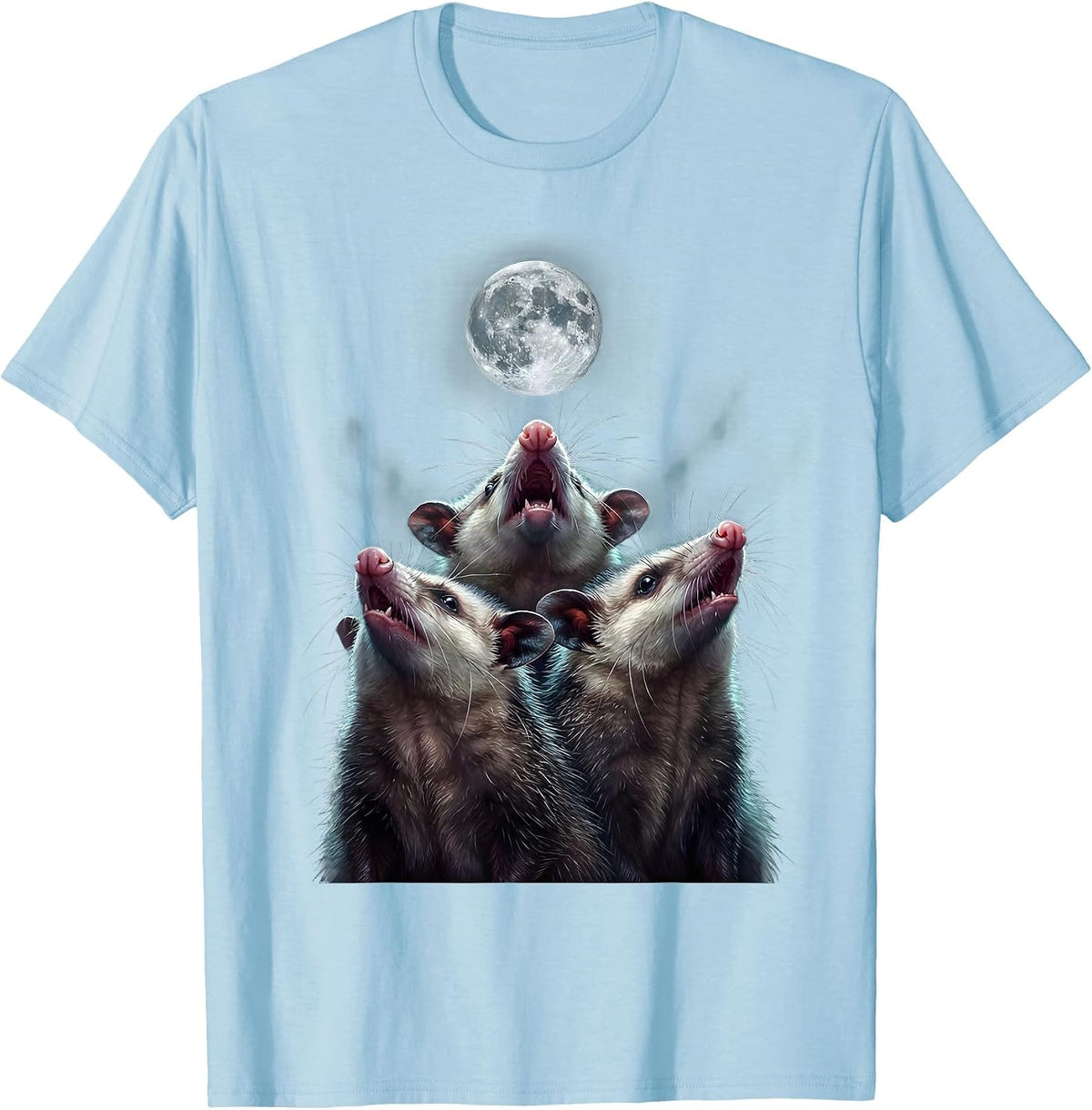 Men's Three Opossums Howling At Moon Funny Animal Meme T-Shirt - Baby Blue