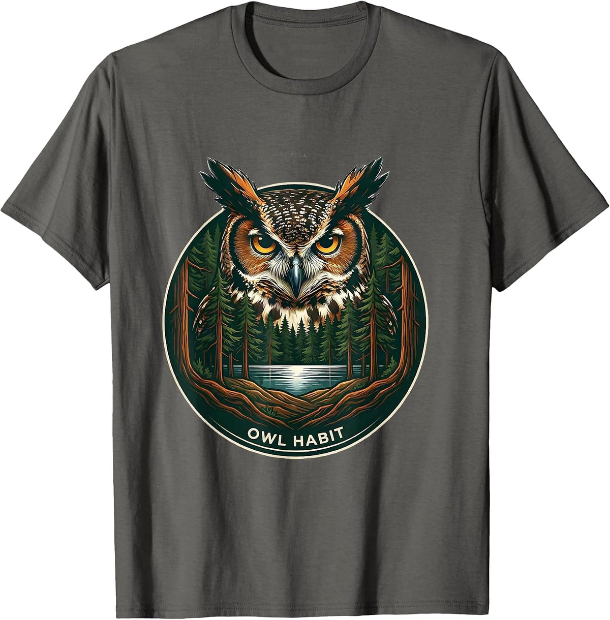 Owl Habit Vintage Forest Wildlife Nature Outdoor Art T-Shirt - Asphalt Grey