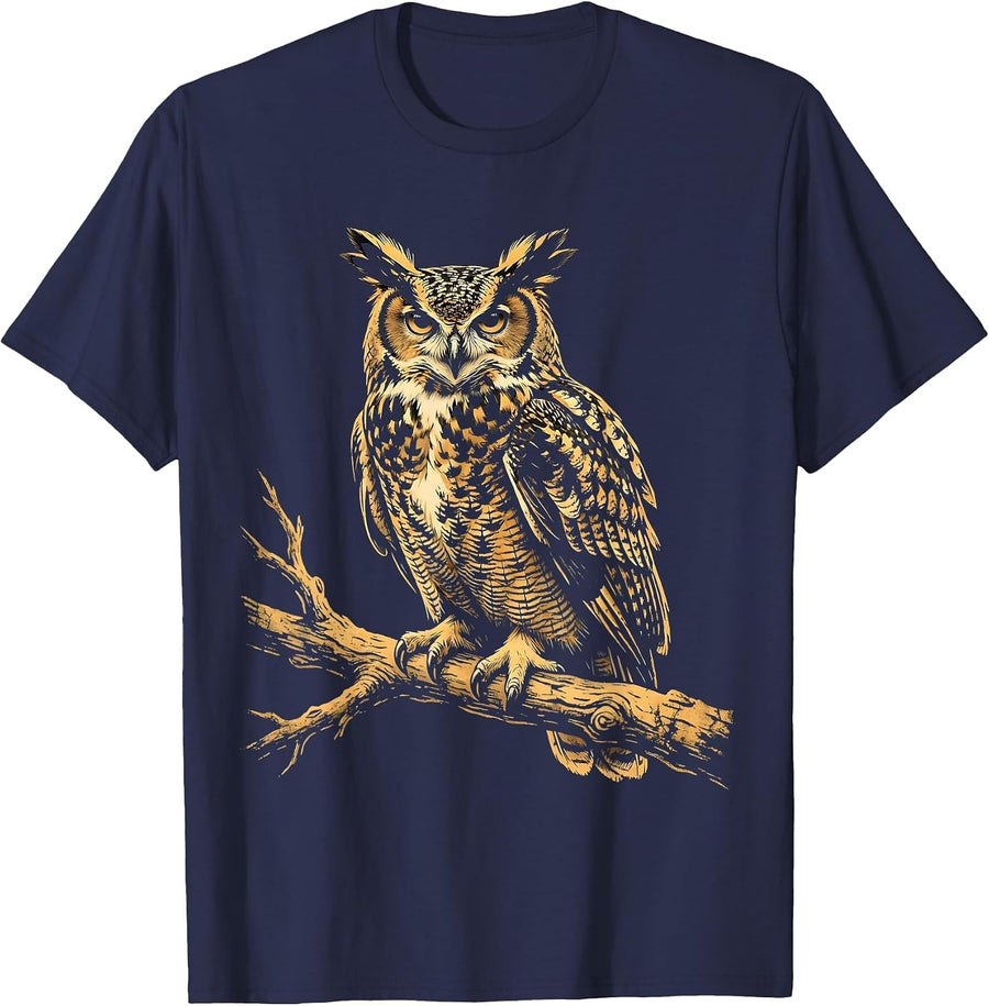 Great Horned Owl Bottomland Camo Wildlife Design T-Shirt - Navy Blue