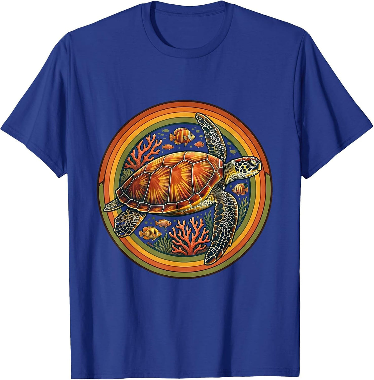 Hawaii Sea Turtle Coral Reef Illustration T-Shirt - Royal Blue
