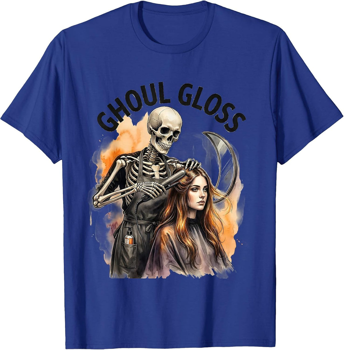 Men's Ghoul Gloss Watercolor Skeleton Hairstylist Halloween Barber T-Shirt - Royal Blue