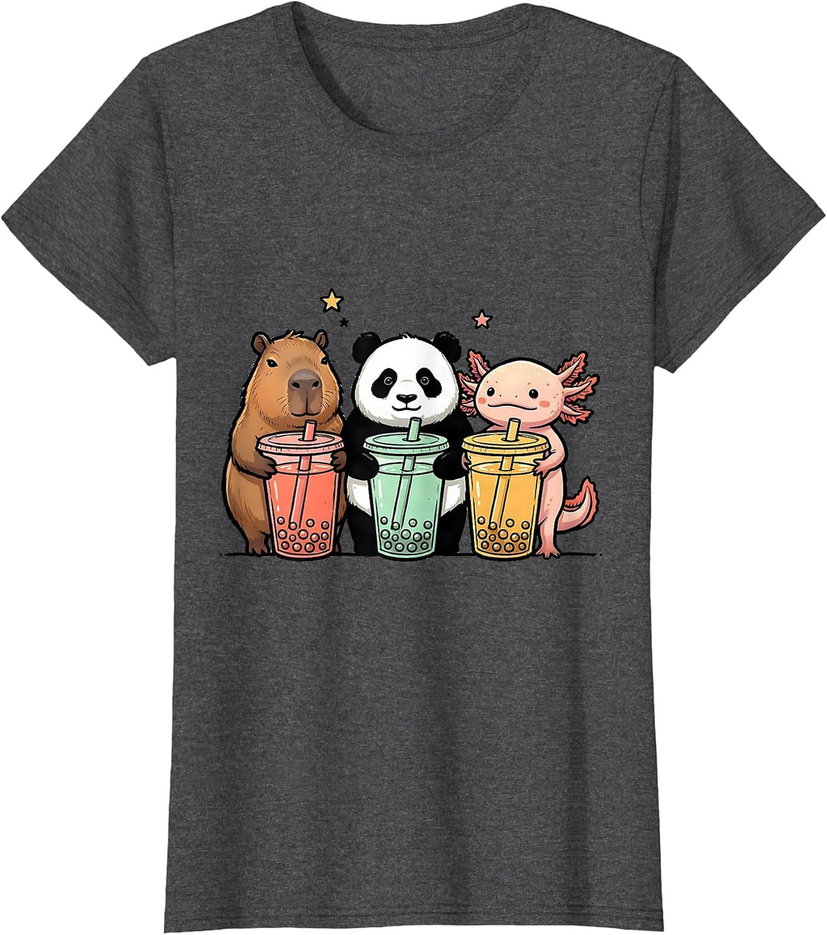 Women's Capybara Panda Axolotl Cute Kawaii Anime Boba Tea Girls T-Shirt - Dark Heather Grey
