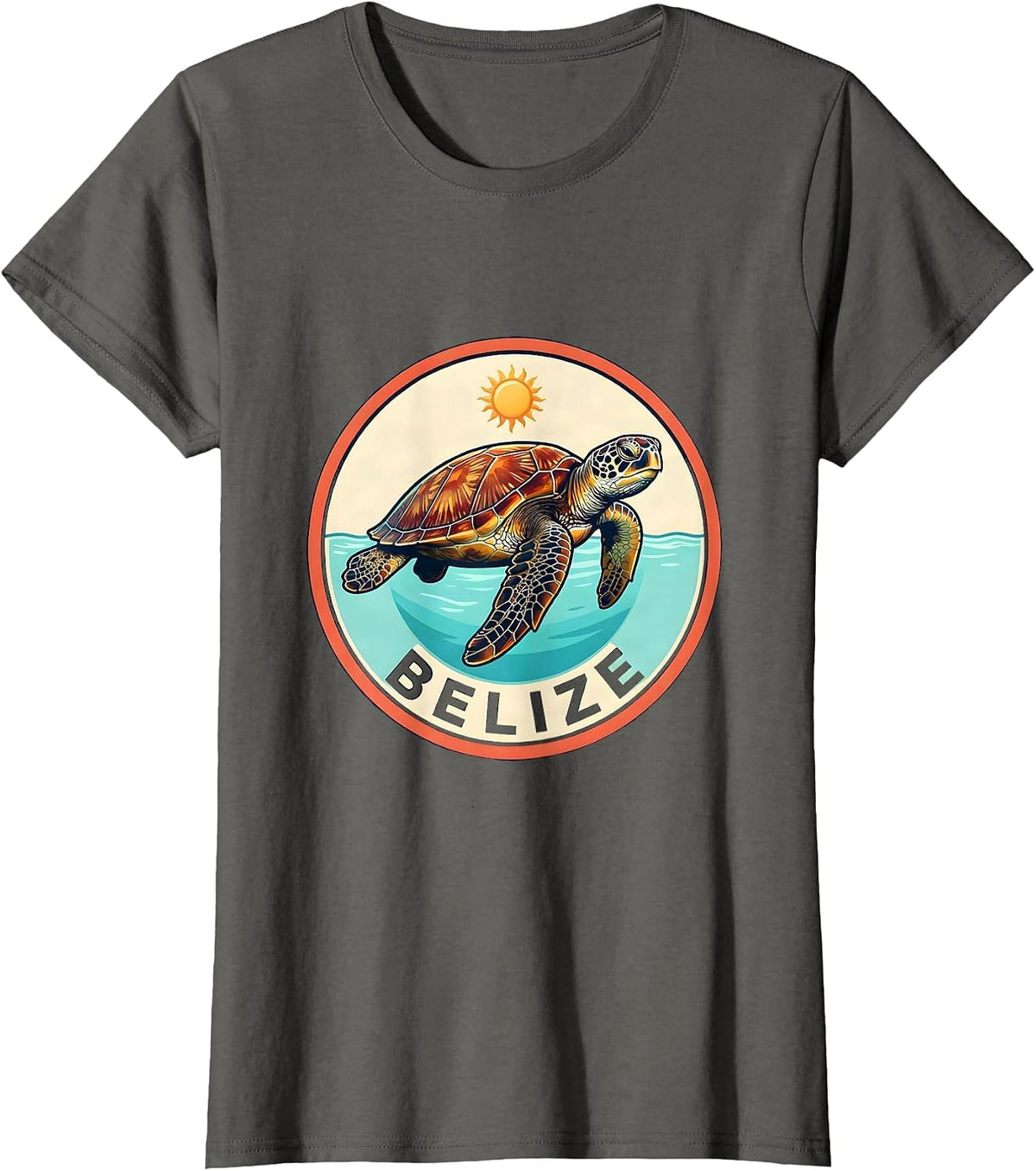 Women's Belize Vintage Sea Turtle Badge Beach Vacation Souvenir T-Shirt - Asphalt Grey