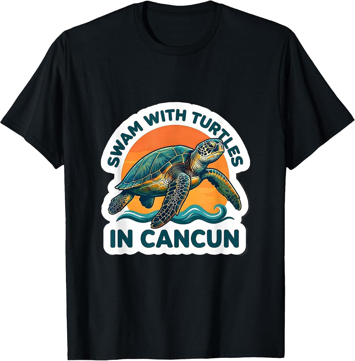 Men's Swam With Turtles In Cancun Sticker Style Tropical Souvenir T-Shirt - Black