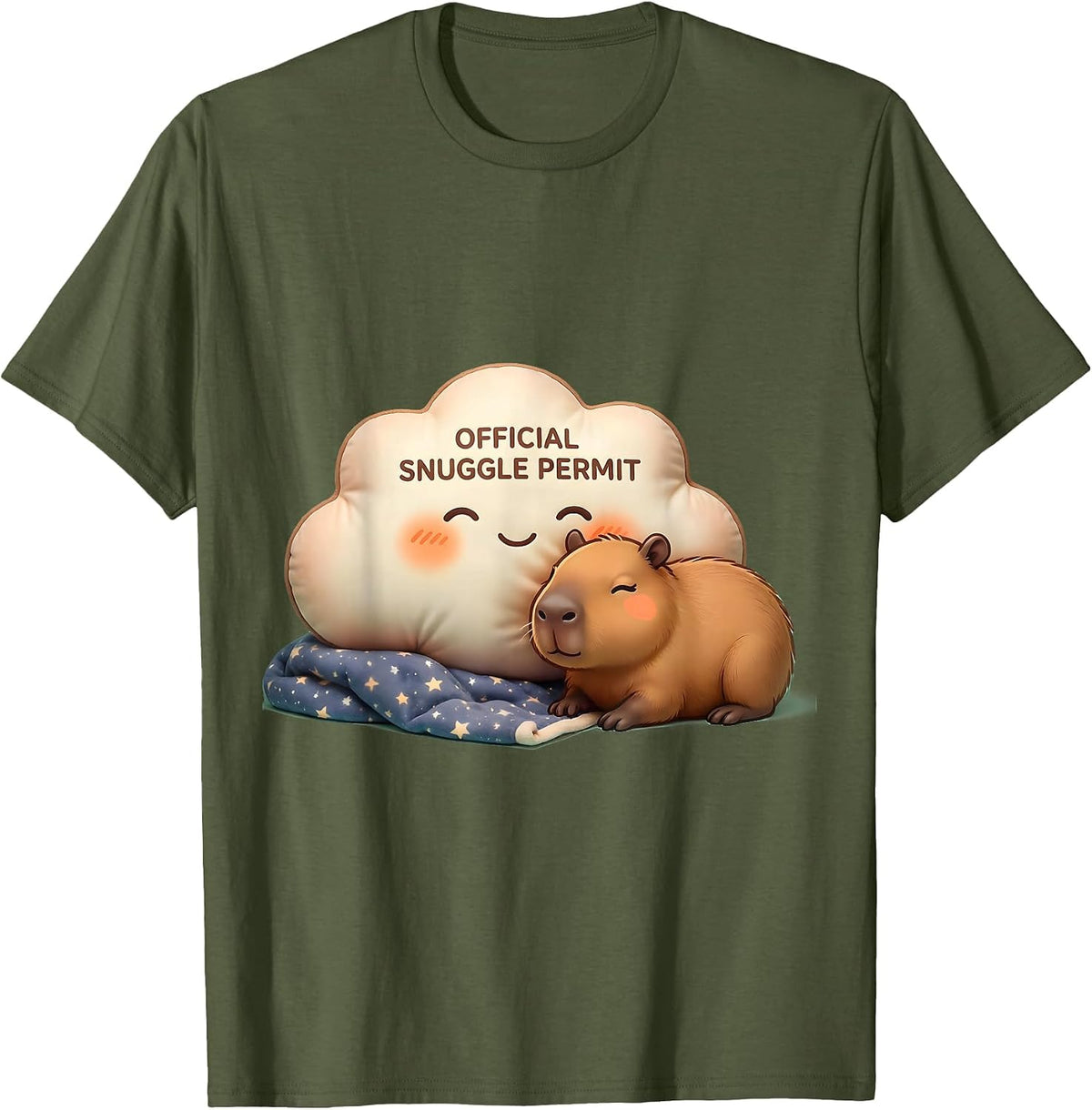 Official Snuggle Permit Cute Kawaii Capybara Sleepy Pajama T-Shirt - Olive Green