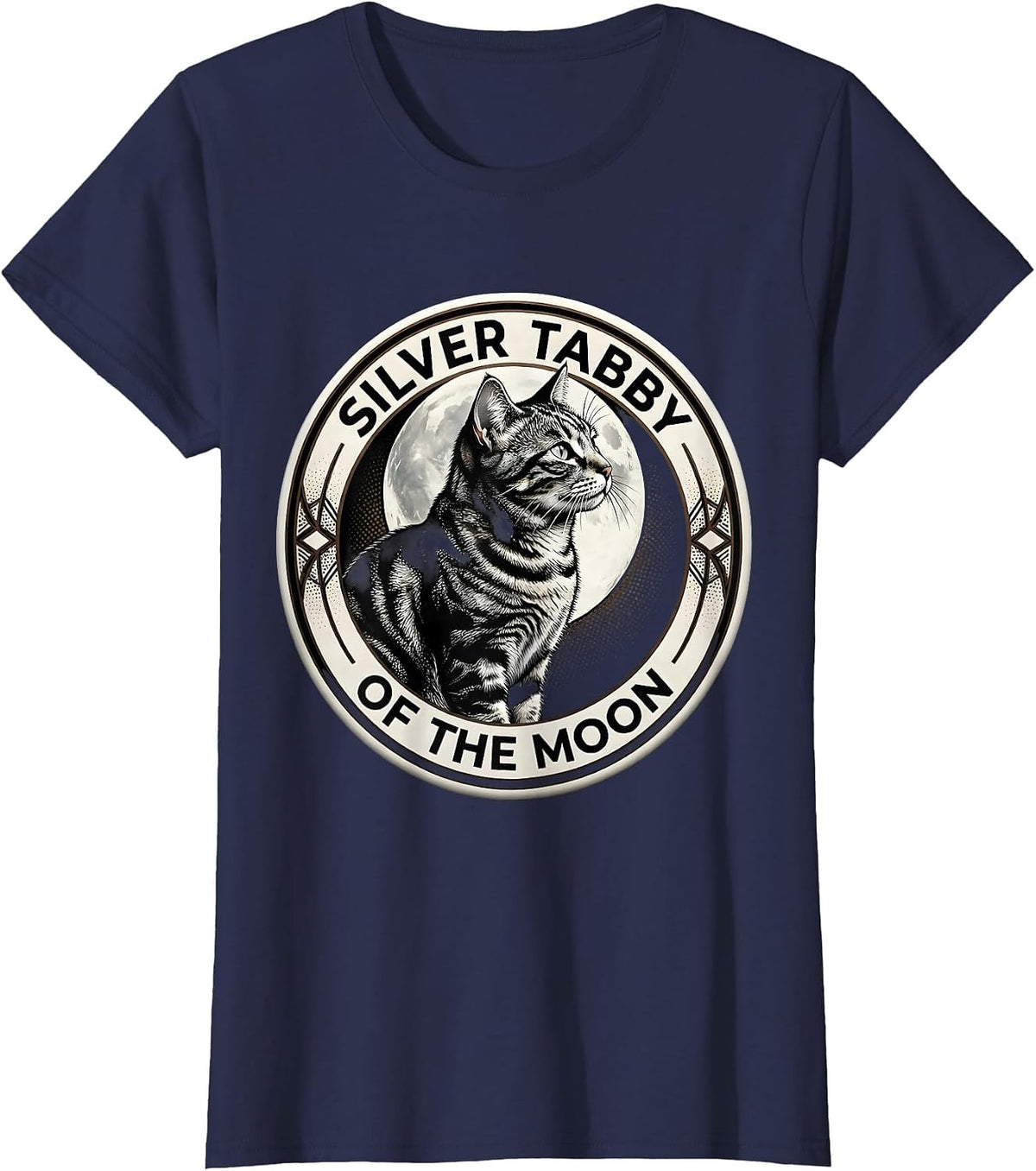 Women's Silver Tabby Of The Moon Blackwork Dotwork Cat Lover Humor T-Shirt - Navy Blue