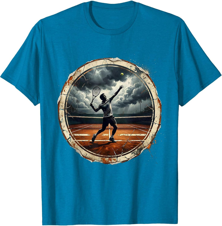 Tennis Player Storm Clouds Dramatic Court Art T-Shirt - Sapphire Blue
