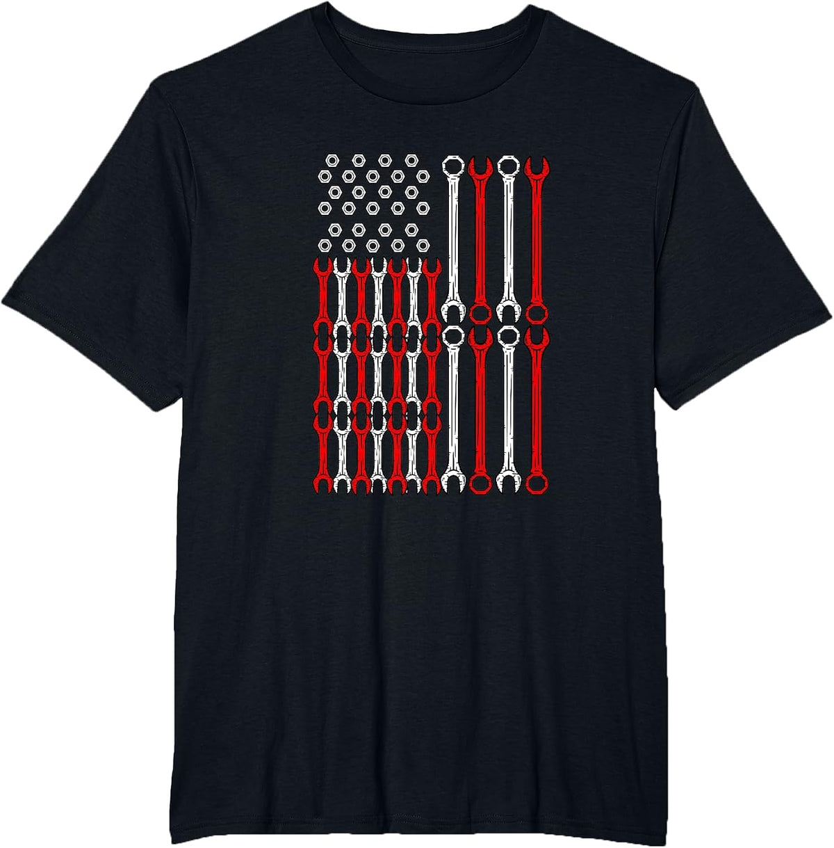 USA Red White and Blue Wrench Flag - Car Motor Repair Worker T-Shirt - Black