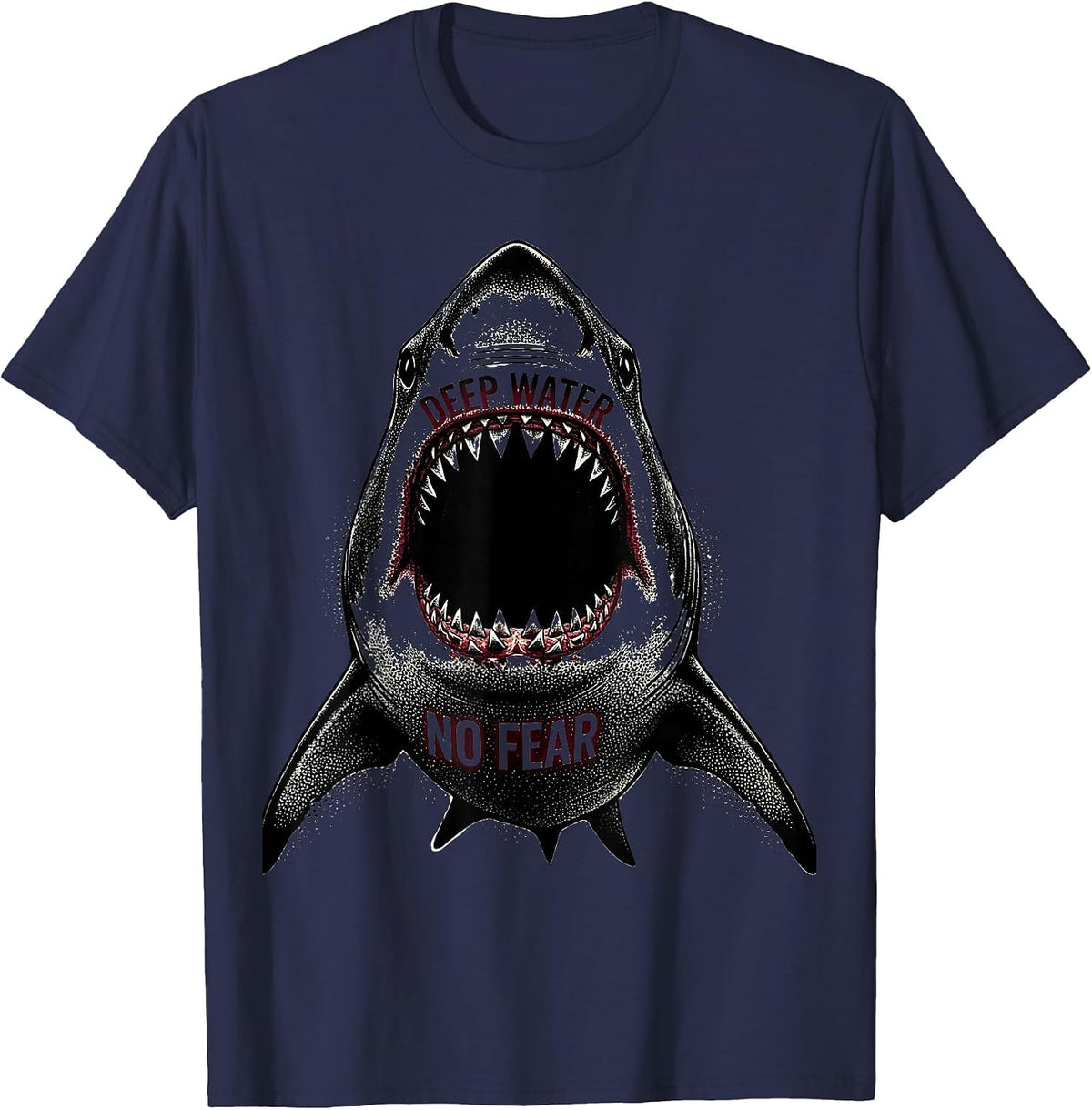 Men's Deep Water No Fear Bold Shark Design T-Shirt - Navy Blue