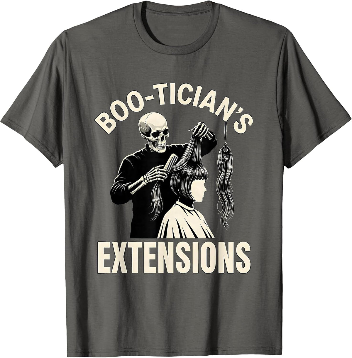 Men's Boo-tician's Extensions Skeleton Hairstylist Halloween Humor T-Shirt - Asphalt Grey