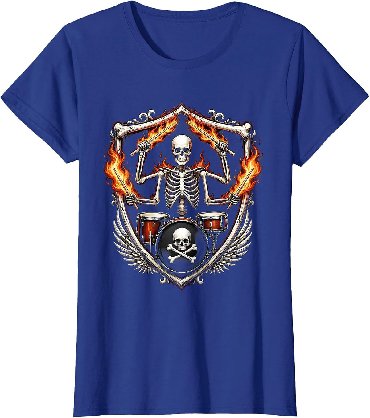 Women's Skeleton Drummer Flaming Drumsticks Metal Band Graphic T-Shirt - Royal Blue