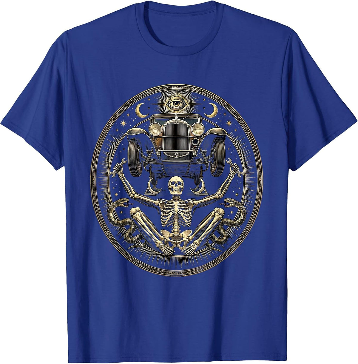 Men's Skeleton Mechanic Under Car Graphic Design T-Shirt - Royal Blue