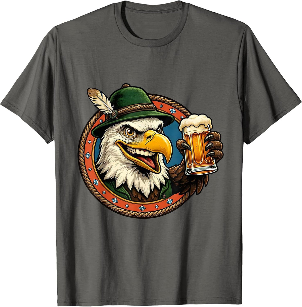 Men's Bald Eagle Bavarian Hat Beer Oktoberfest Graphic T-Shirt - Asphalt Grey