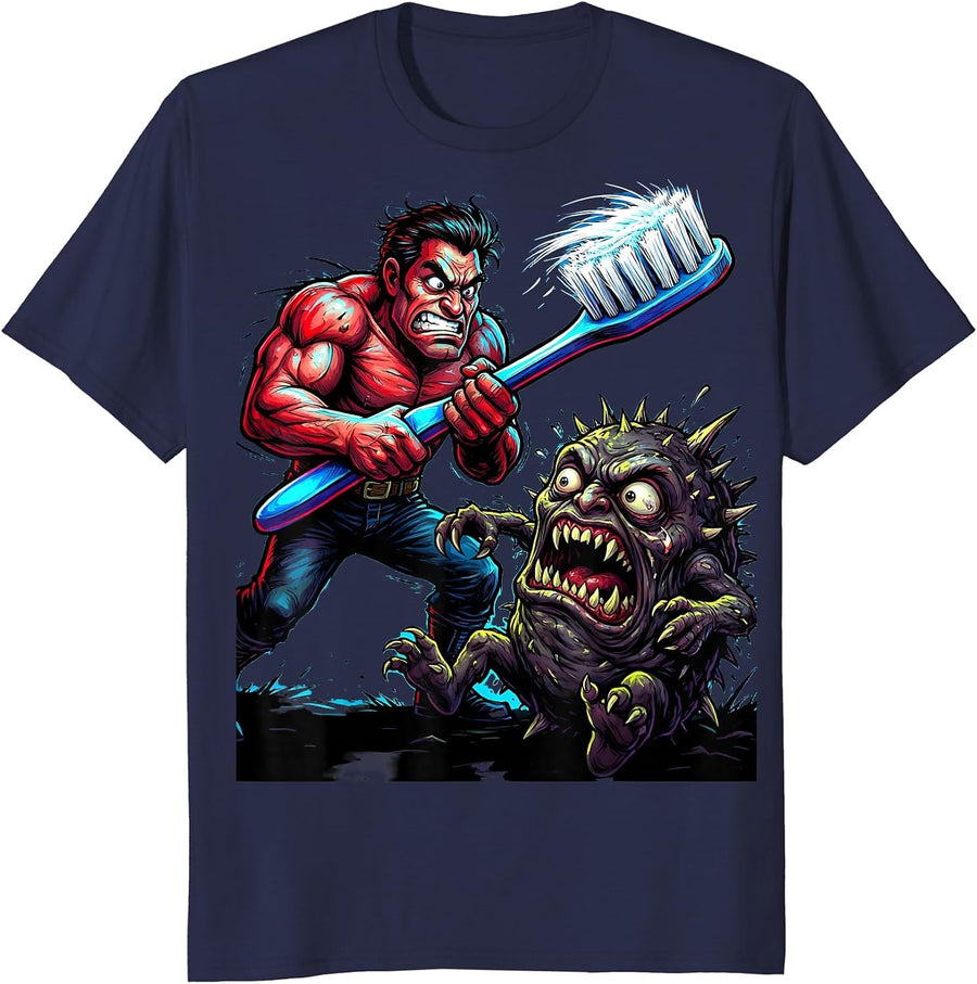 Dental Assistant Giant Toothbrush vs Cavity Monster T-Shirt - Navy Blue