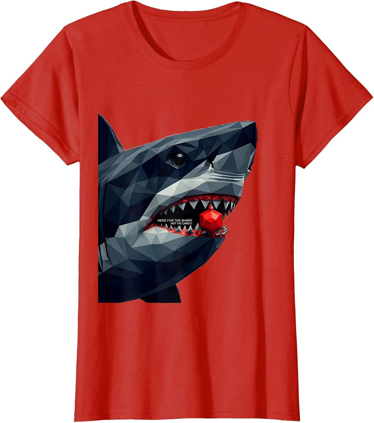 Here For The Shark Not The Carols Geometric Ugly Christmas T-Shirt - Red