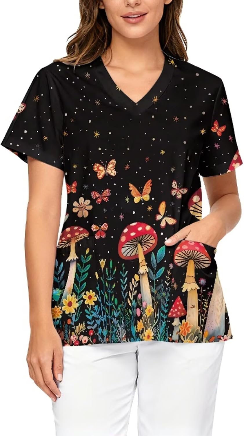 Stretch V-Neck Nursing Scrubs Top Moisture-Wicking & Odor-Control Durable Medical Uniform for Hospitals & Clinics - Mushroom