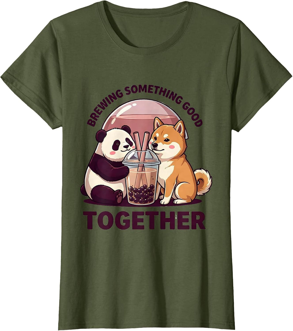 Women's Brewing Something Good Together Cute Panda Kawaii Boba Tea T-Shirt - Olive Green