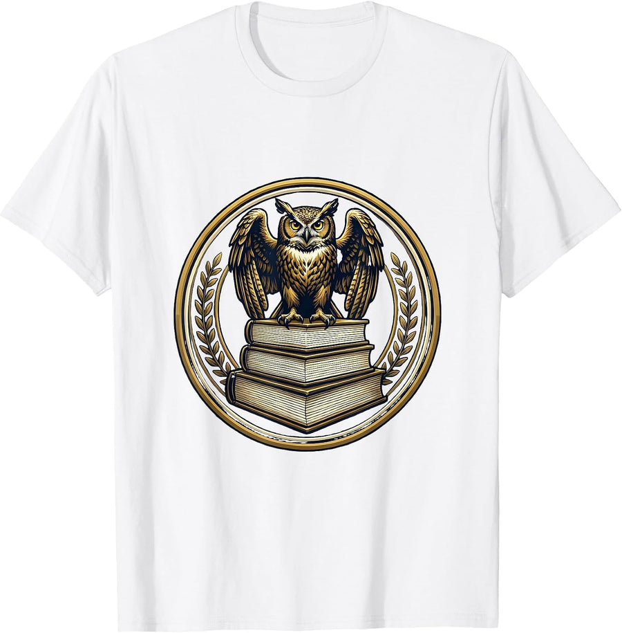 Men's Wise Owl on Stacked Books Illustration T-Shirt - White