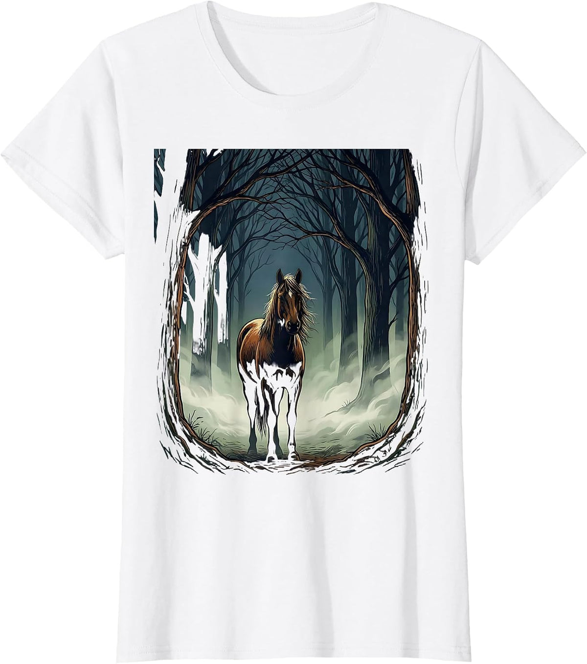 Lone Horse Misty Forest Wilderness Illustration T-Shirt - White