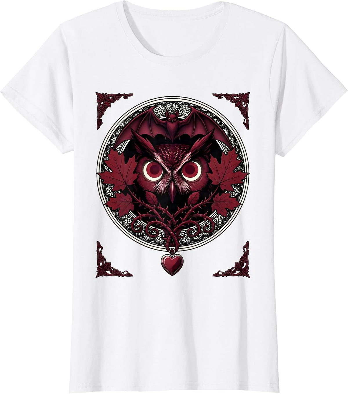 Women's Owl Eyes Peering Through Autumn Leaves Halloween T-Shirt - White