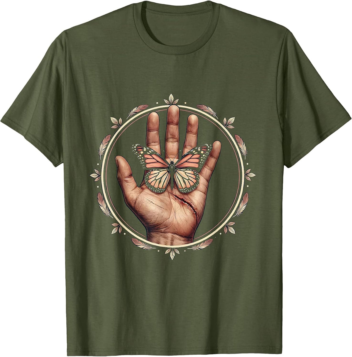 Men's Be Kind Butterfly Scarred Hand Illustration T-Shirt - Olive Green