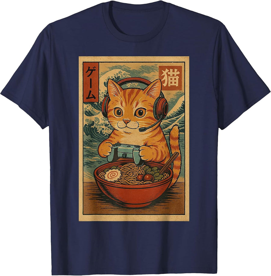 Kawaii Anime Gamer Cat Ramen Retro Japanese Gaming Funny T-Shirt - Navy Blue