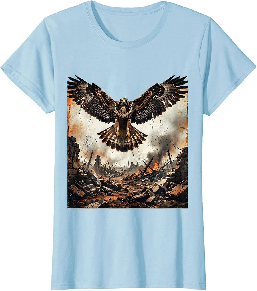 Women's Hard Fought Hallelujah Eagle Battlefield Graphic T-Shirt - Baby Blue