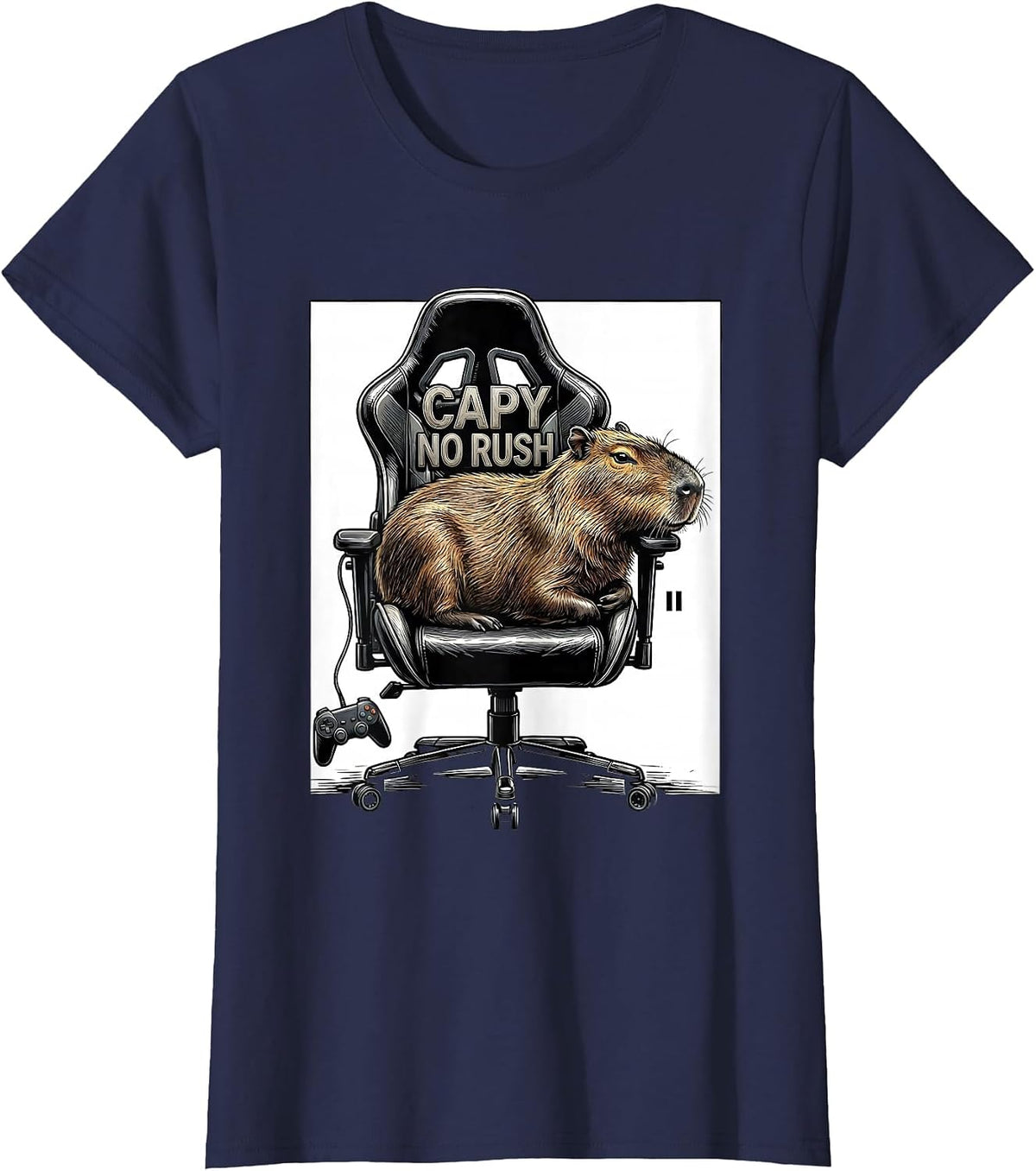 Women's Capy No Rush Funny Capybara Gamer Gaming Humor T-Shirt - Navy Blue