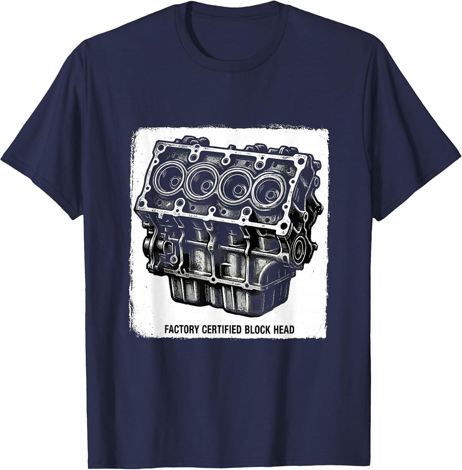 Factory Certified Block Head Funny Mechanic Garage Gift T-Shirt - Navy Blue