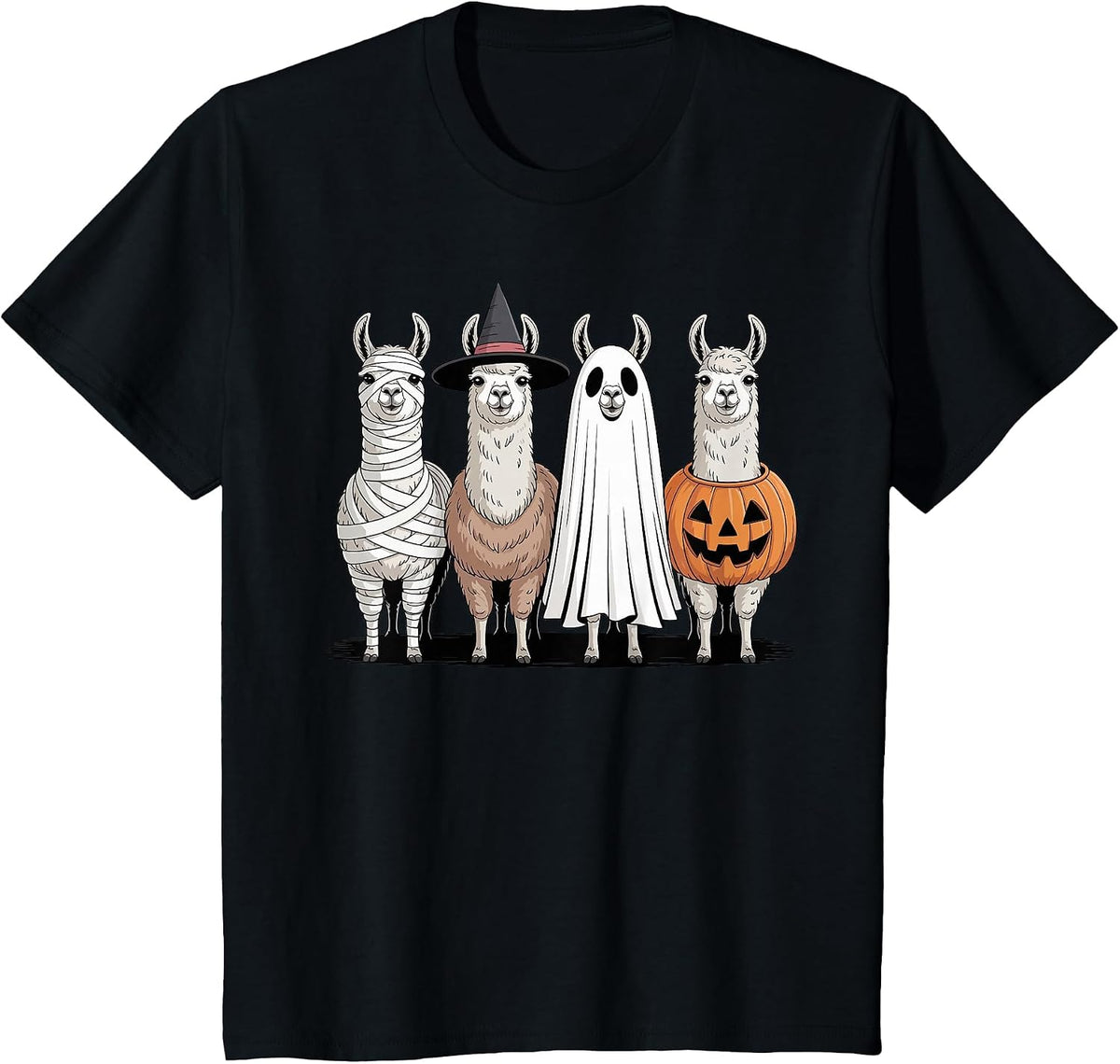 Spooky Ghost Llama Pumpkin Halloween Skeleton T-Shirt - Black