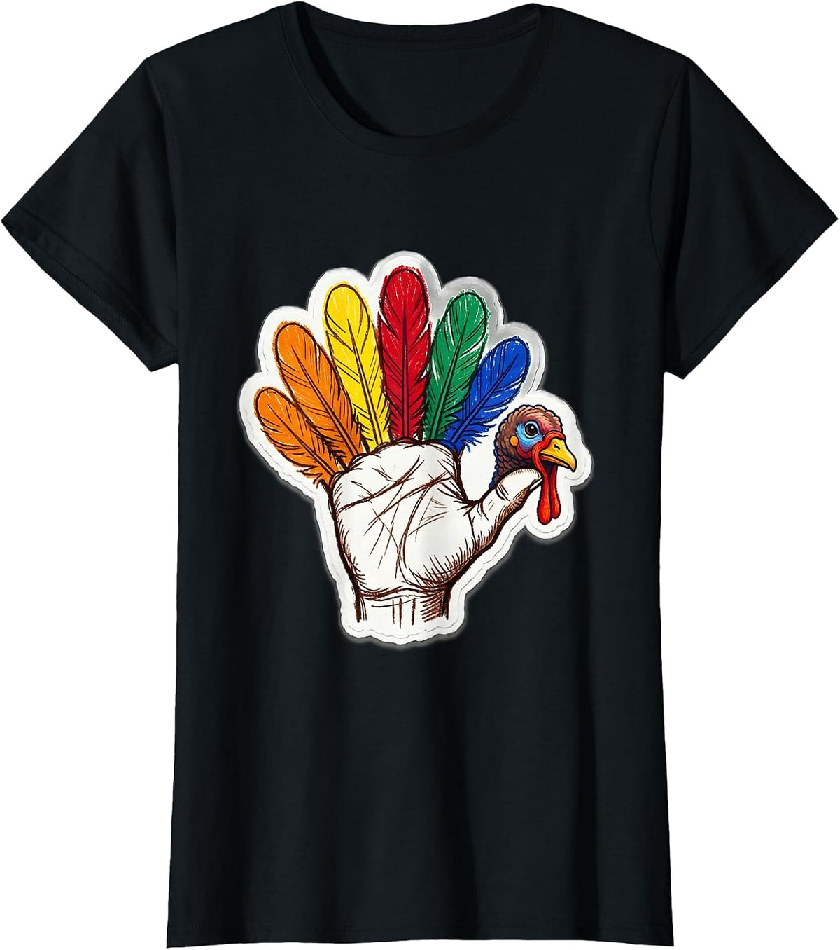 Hand Turkey Drawing Wobbly Fingers Kindergarten Art T-Shirt - Black