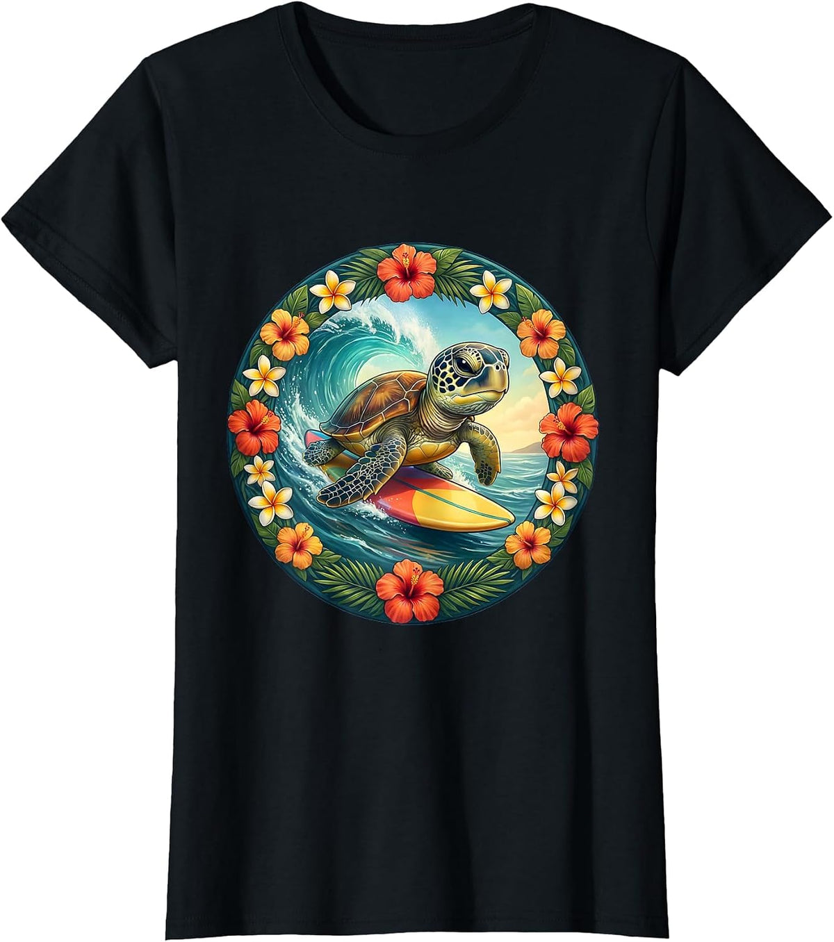 Women's Baby Sea Turtle Surfing Kids Hawaiian Design T-Shirt - Black