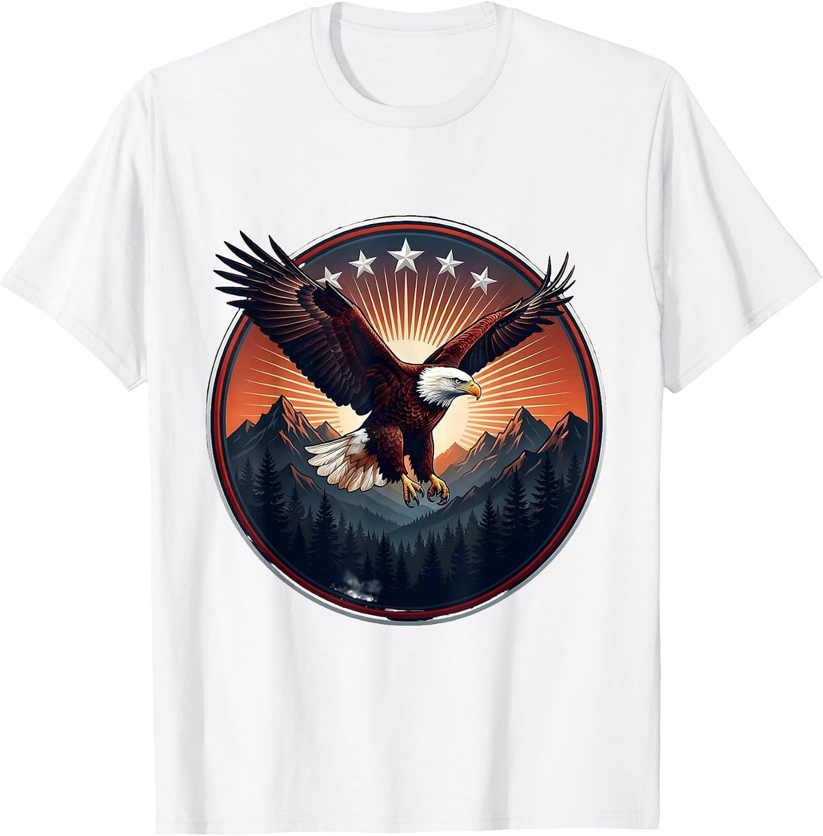 Men's Eagle Flying Through Burst of Stars Patriotic T-Shirt - White