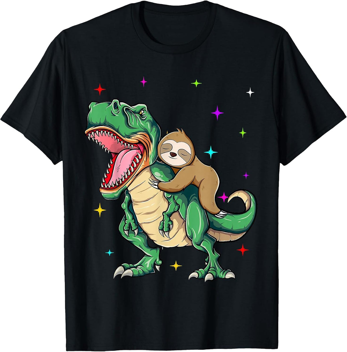 Funny Sloth Riding a T-Rex Dinosaur T-Shirt - Black