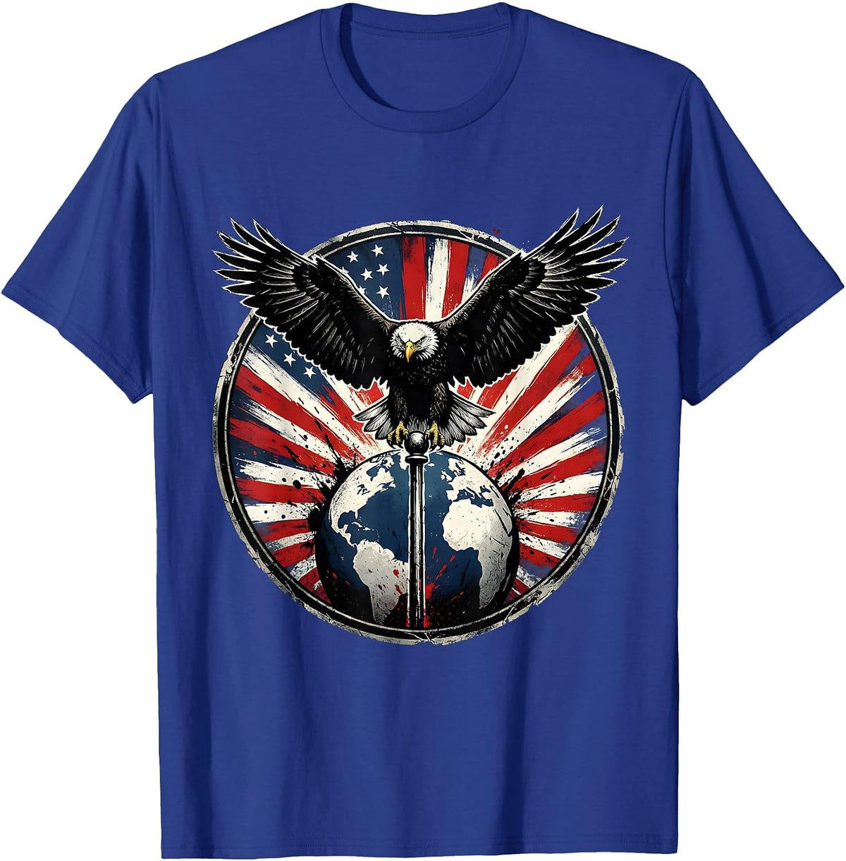 Vintage Eagle Atop Flagpole Globe American Flag T-Shirt - Royal Blue