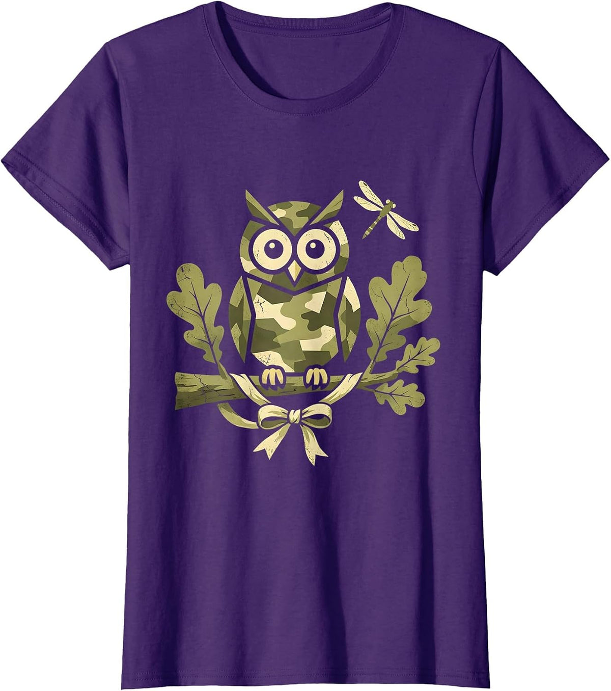 Women's Camo Owl Perched on Oak Branch Design T-Shirt - Purple