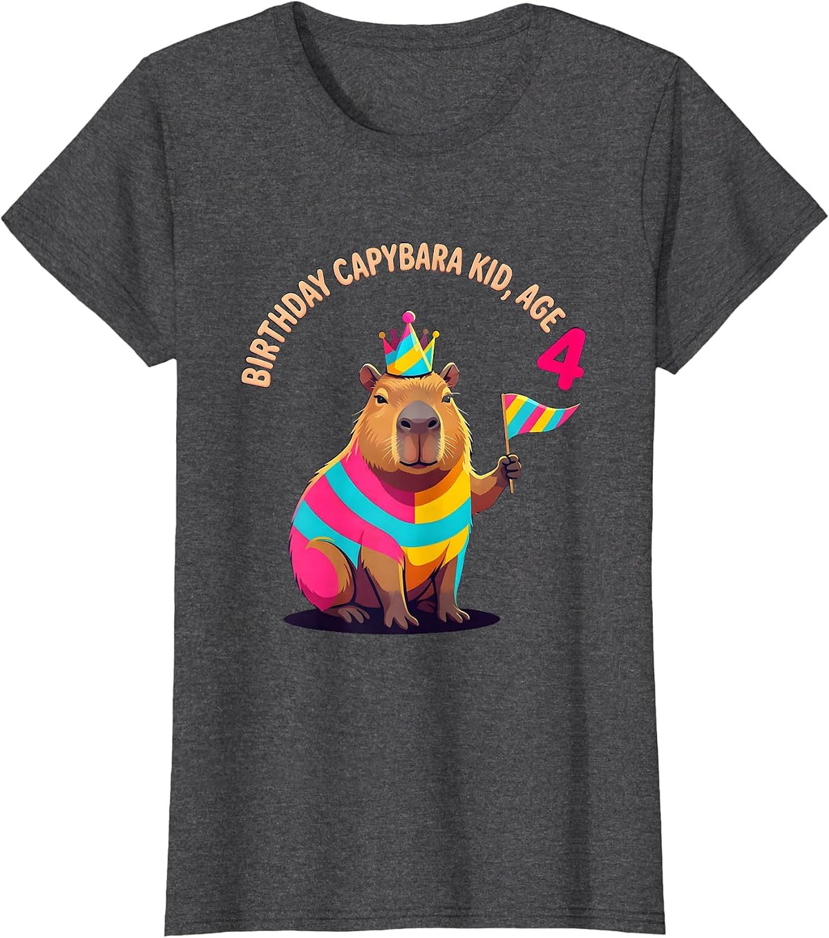 Women's Birthday Capybara Kid Age 4 Colorful Party Animal Humor T-Shirt - Dark Heather Grey