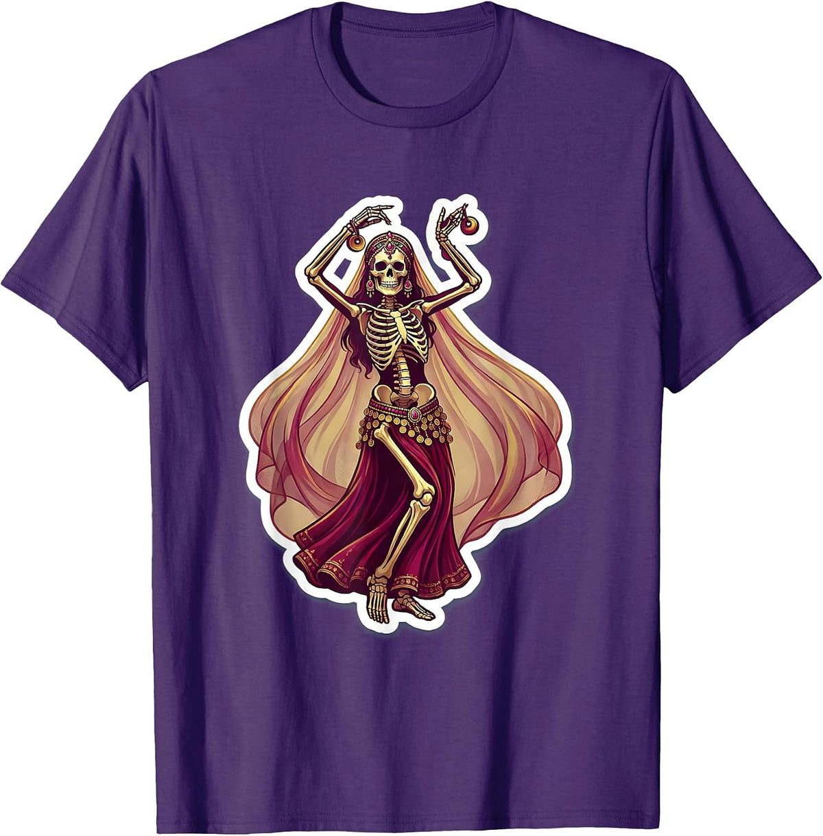 Skeleton Belly Dancer Coin Belt and Veil Illustration T-Shirt - Purple