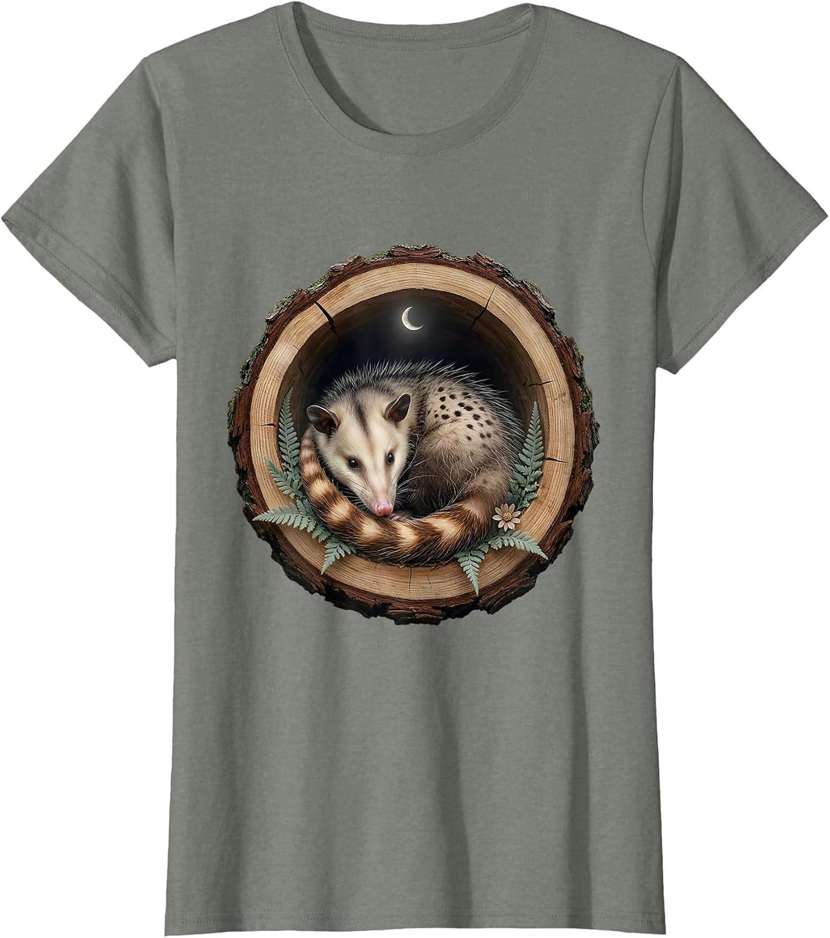 Opossum Curled in Hollow Log Graphic T-Shirt - Olive Heather