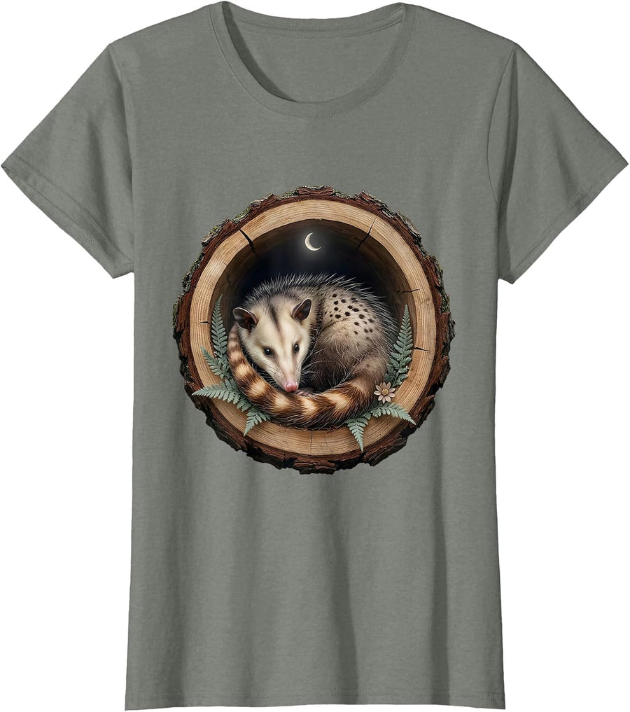 Opossum Curled in Hollow Log Graphic T-Shirt - Olive Heather