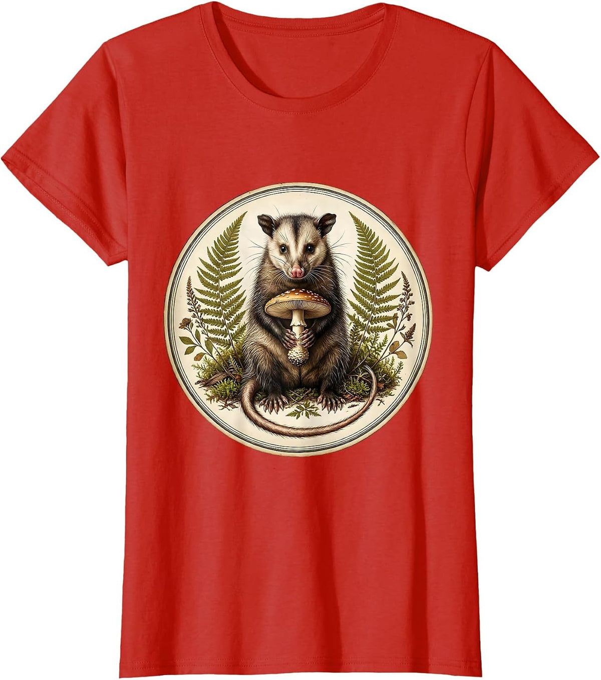 Women's Opossum Holding Mushroom Moonlit Forest Art T-Shirt - Red