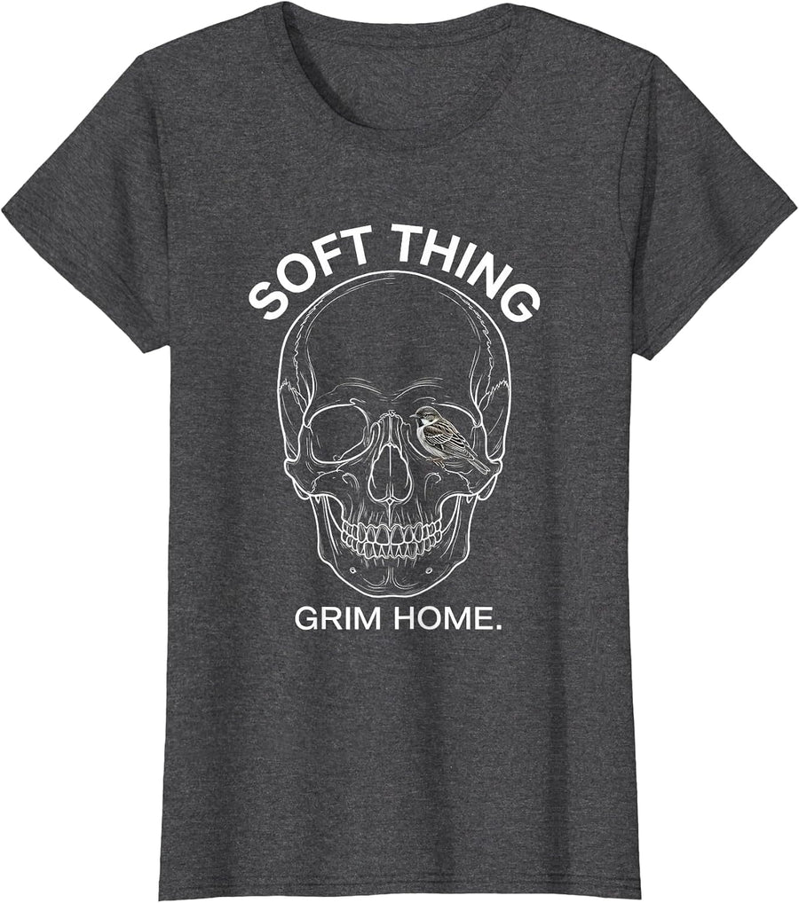 Women's Soft Thing Grim Home Line Art Skull Punk Horror Graphic T-Shirt - Dark Heather Grey