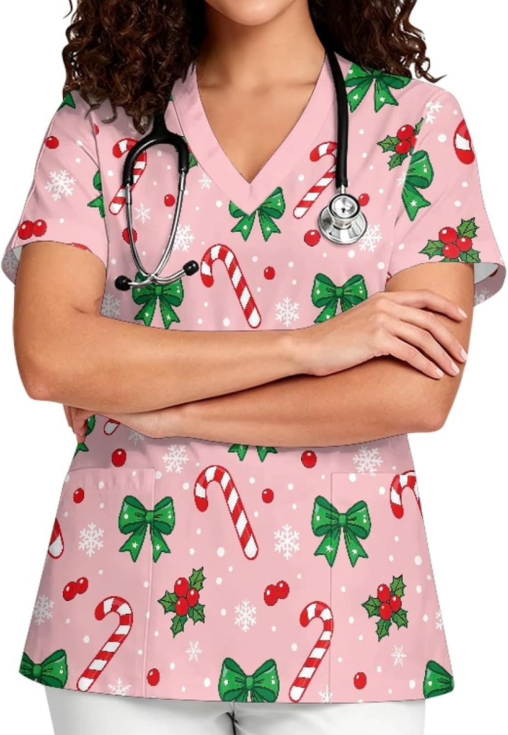 Printed Scrub Top for Women, V Neck Stretch Plus Size Work Uniform - Pink - Christmas Candy Bow Print