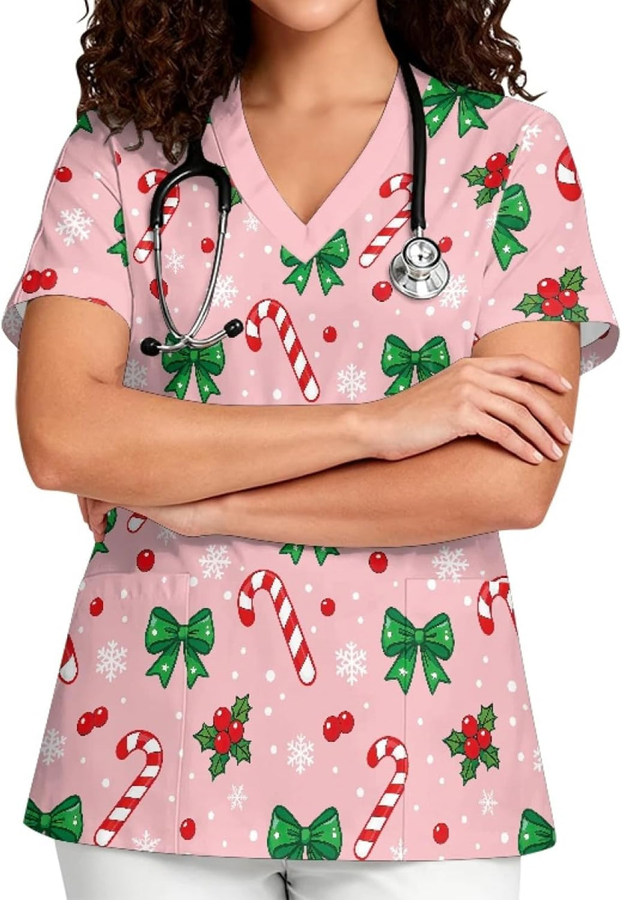 Printed Scrub Top for Women, V Neck Stretch Plus Size Work Uniform - Pink - Christmas Candy Bow Print