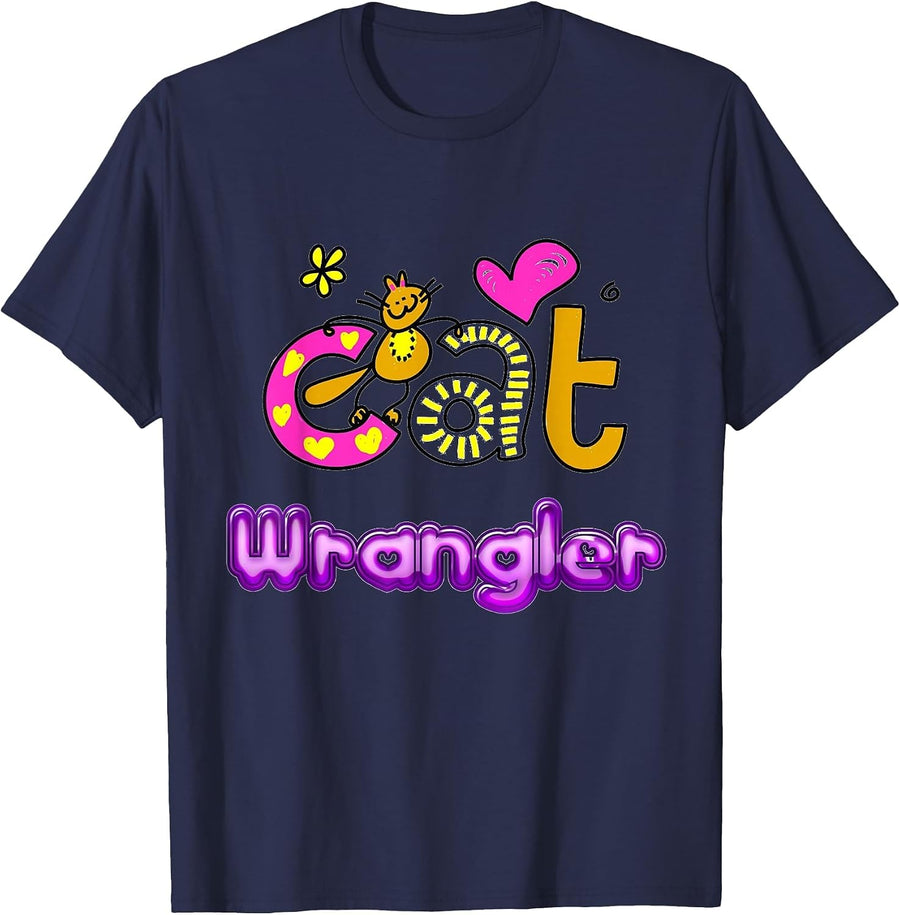 Cat Wrangler Tee for Men, Women, Kids who are Cat Lovers T-Shirt - Navy Blue